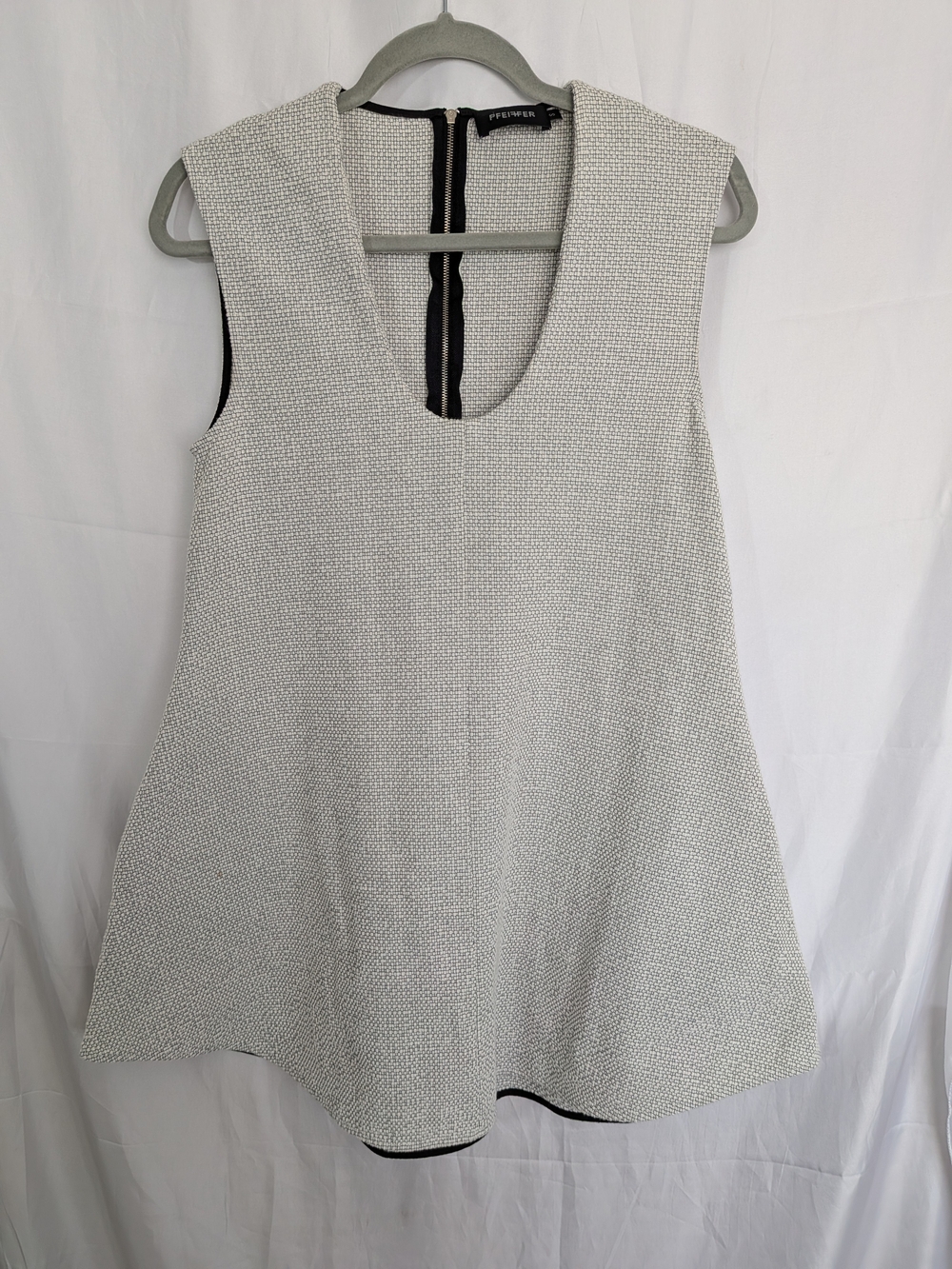 PFEIFFER Australian Designer Plunge Deep V Scoop Tweed Grid Mini Dress Tunic S